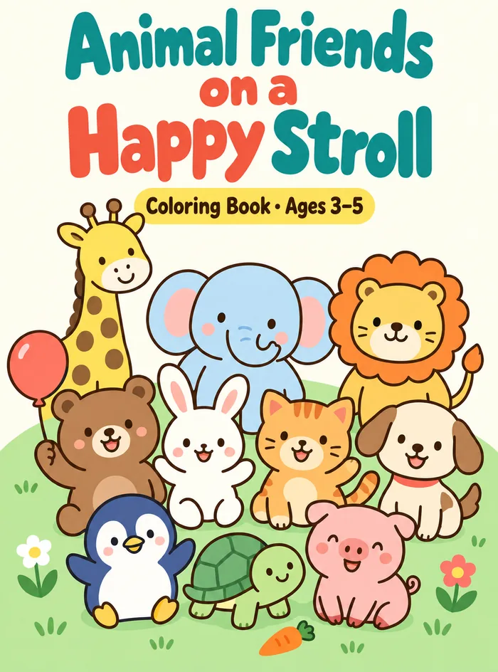 Animal Friends on a Happy Strollというタイトルで、きりんやぞう、くまなど10匹の動物が並ぶ塗り絵の表紙
