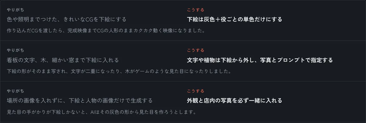 色や照明をつけたCGを下絵にする、文字や木まで下絵に入れる、場所の画像を入れずに生成する、というよくある失敗と直し方の一覧