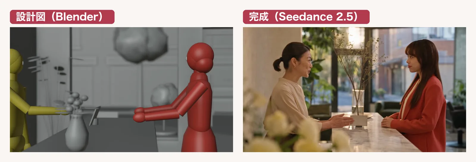 Blenderで作った灰色の設計図と、それをもとにSeedance 2.5で生成した美容室の受付の完成映像を並べた比較