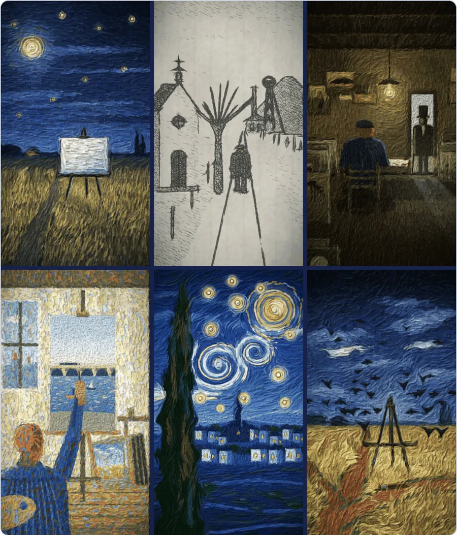 木炭のデッサン、暗い室内の油絵、明るいアトリエ、星月夜など、ゴッホの人生に合わせて画風が変わるアニメの6場面