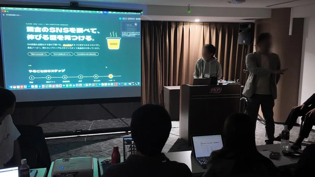 スクリーンに成果を映して発表するチーム